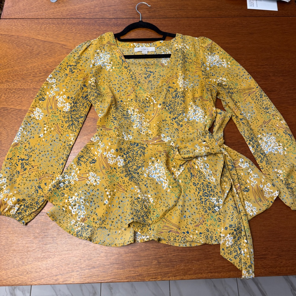 LOFT Mustard and Sky Blue Patterned Top